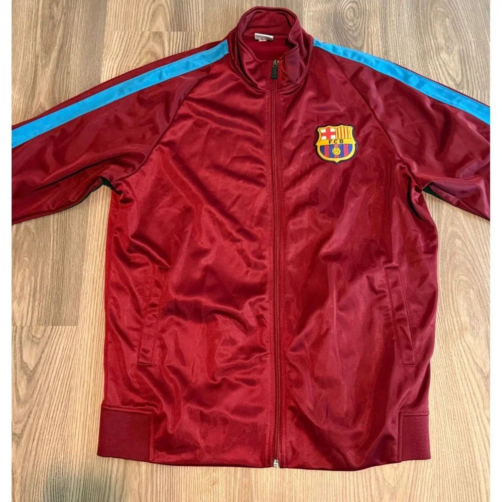FC Barcelona Track Jacket Mens Large Burgundy Blue Full Zip Soccer FCB Warm Up